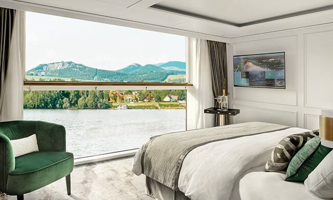 king sized bed - scenic bedroom views - crystal cruises